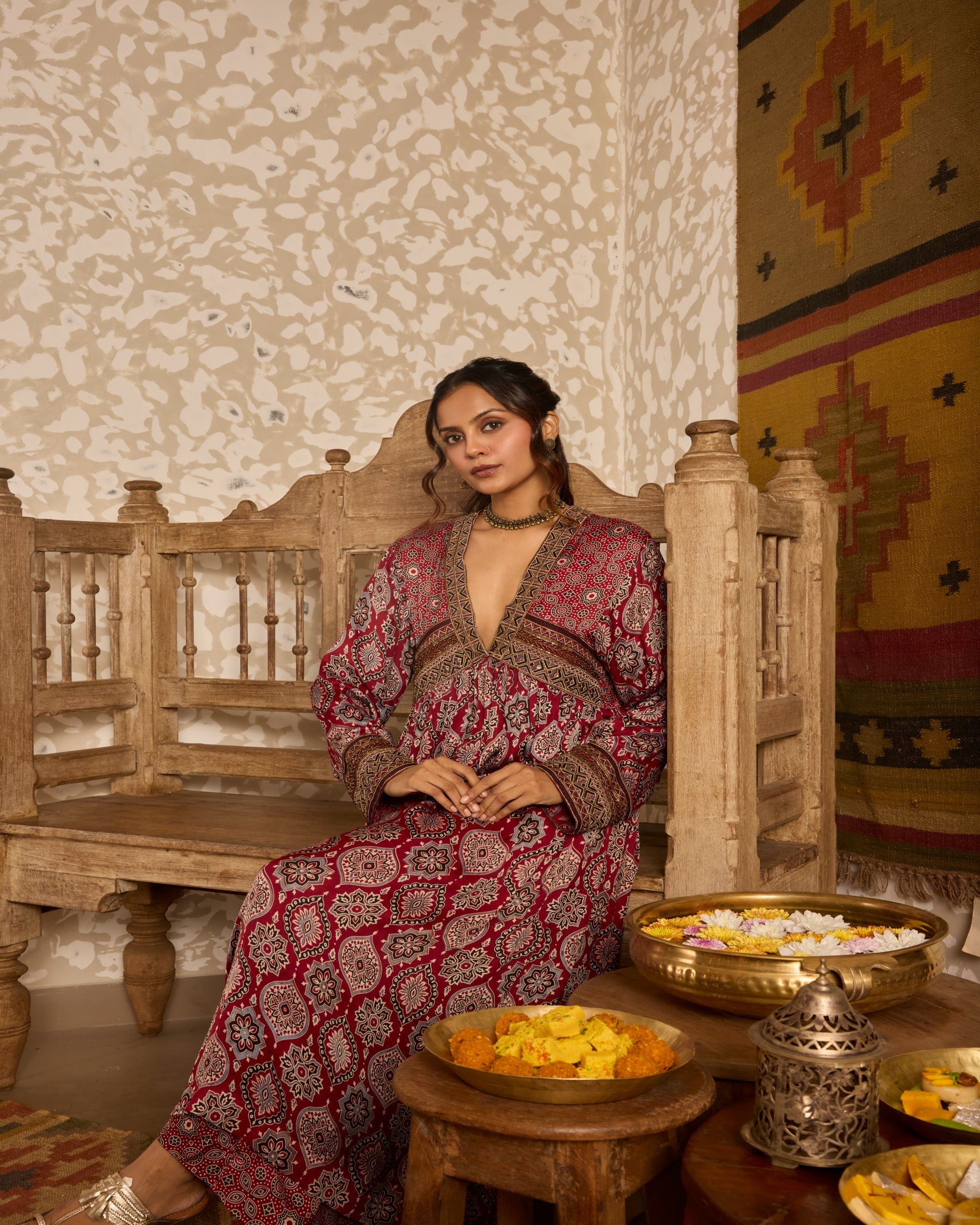 V-Neck Kurta Set at Kamakhyaa by Akashi Clothing. This item is Ajrakh by Akashi Clothing, Under $100