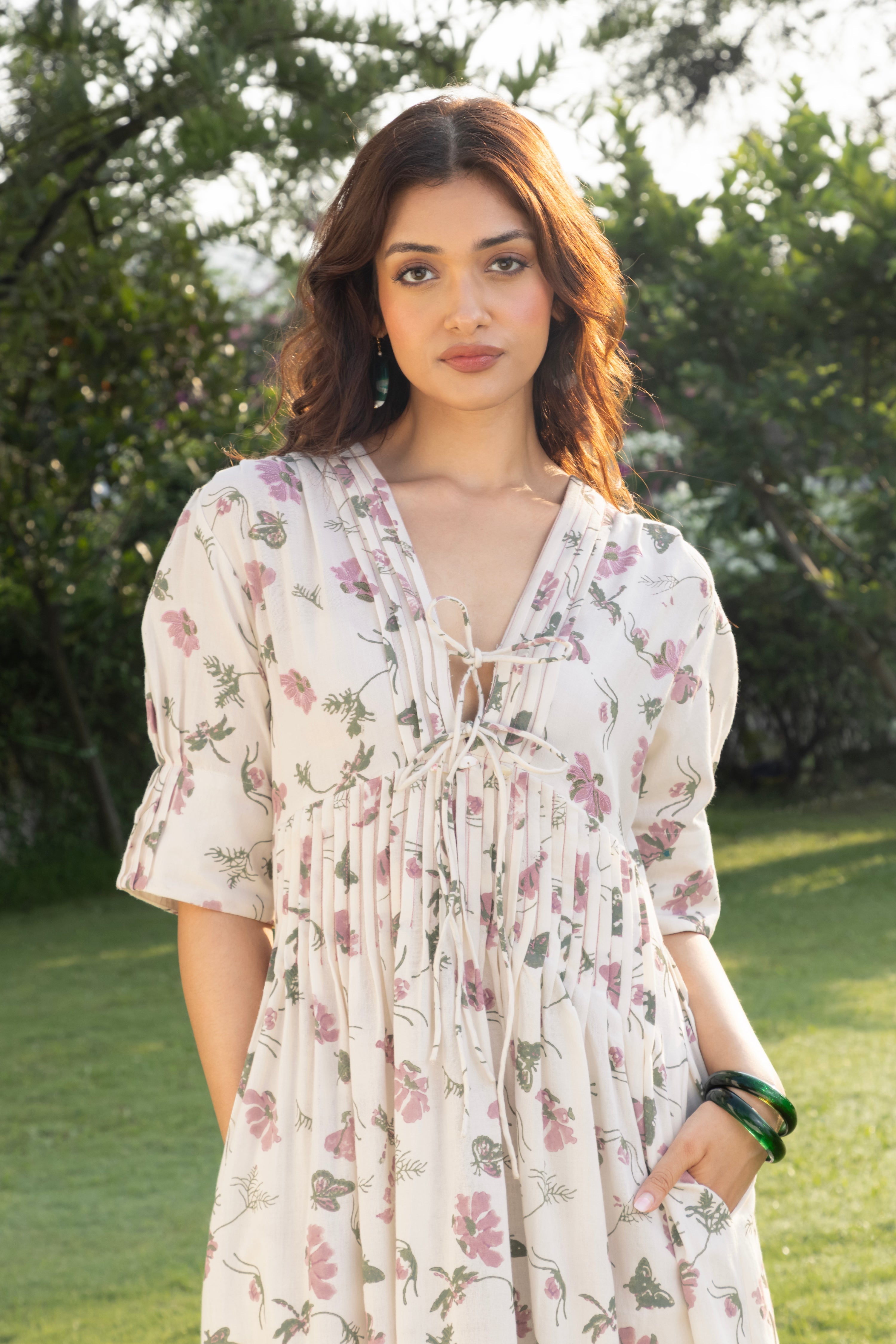V-Neck Pleated Maxi Dress with Embroidery at kamakhyaa.com by Akashi Clothing. This item is Cosmos by Akashi Clothing, Internal Tags Missing, Under $150