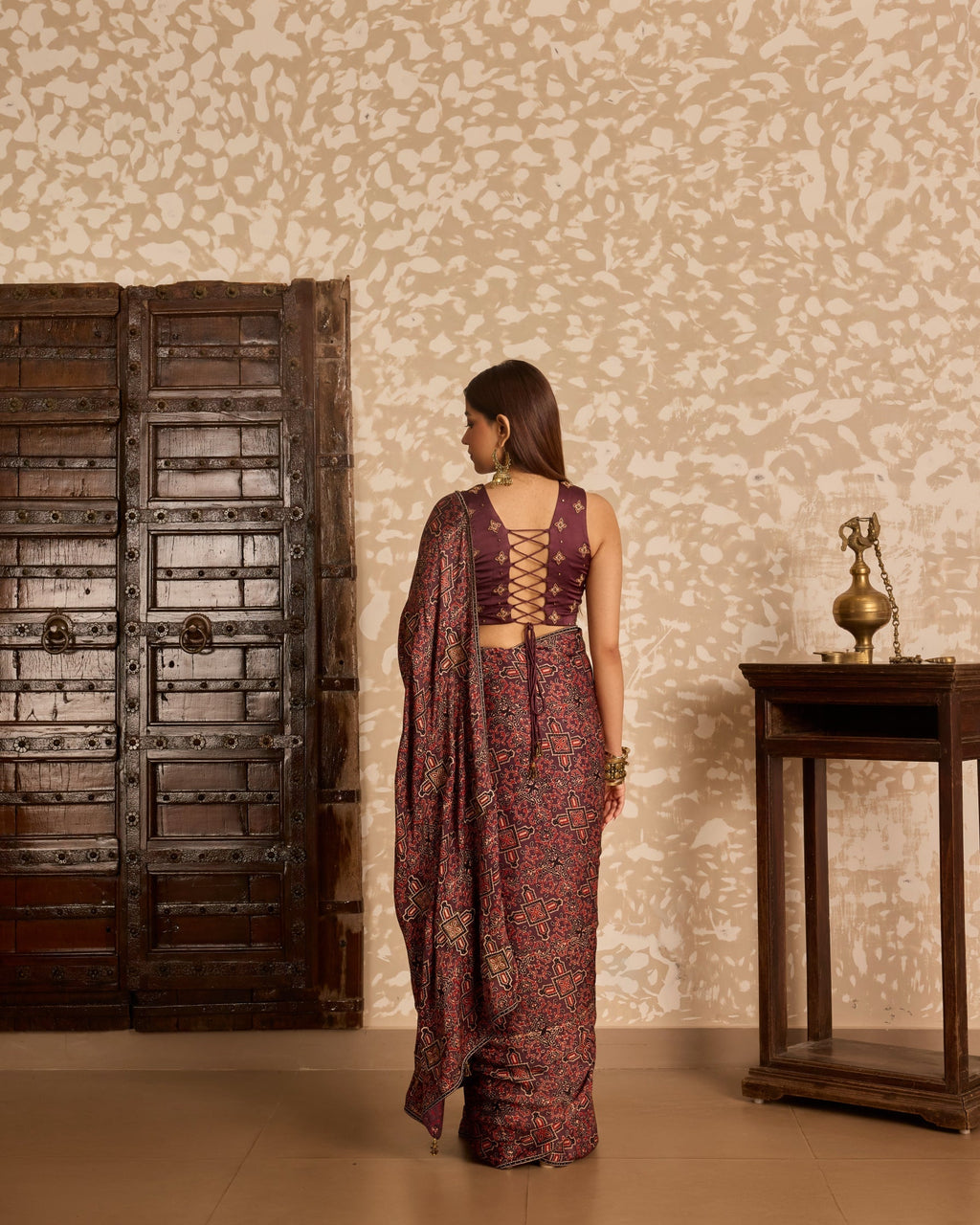 V neck tie up blouse with saree at Kamakhyaa by Akashi Clothing. This item is Ajrakh by Akashi Clothing, Under $150