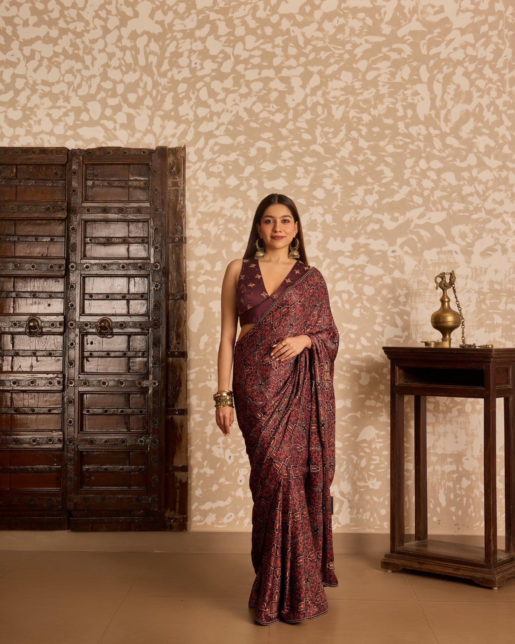 V neck tie up blouse with saree at Kamakhyaa by Akashi Clothing. This item is Ajrakh by Akashi Clothing, Under $150