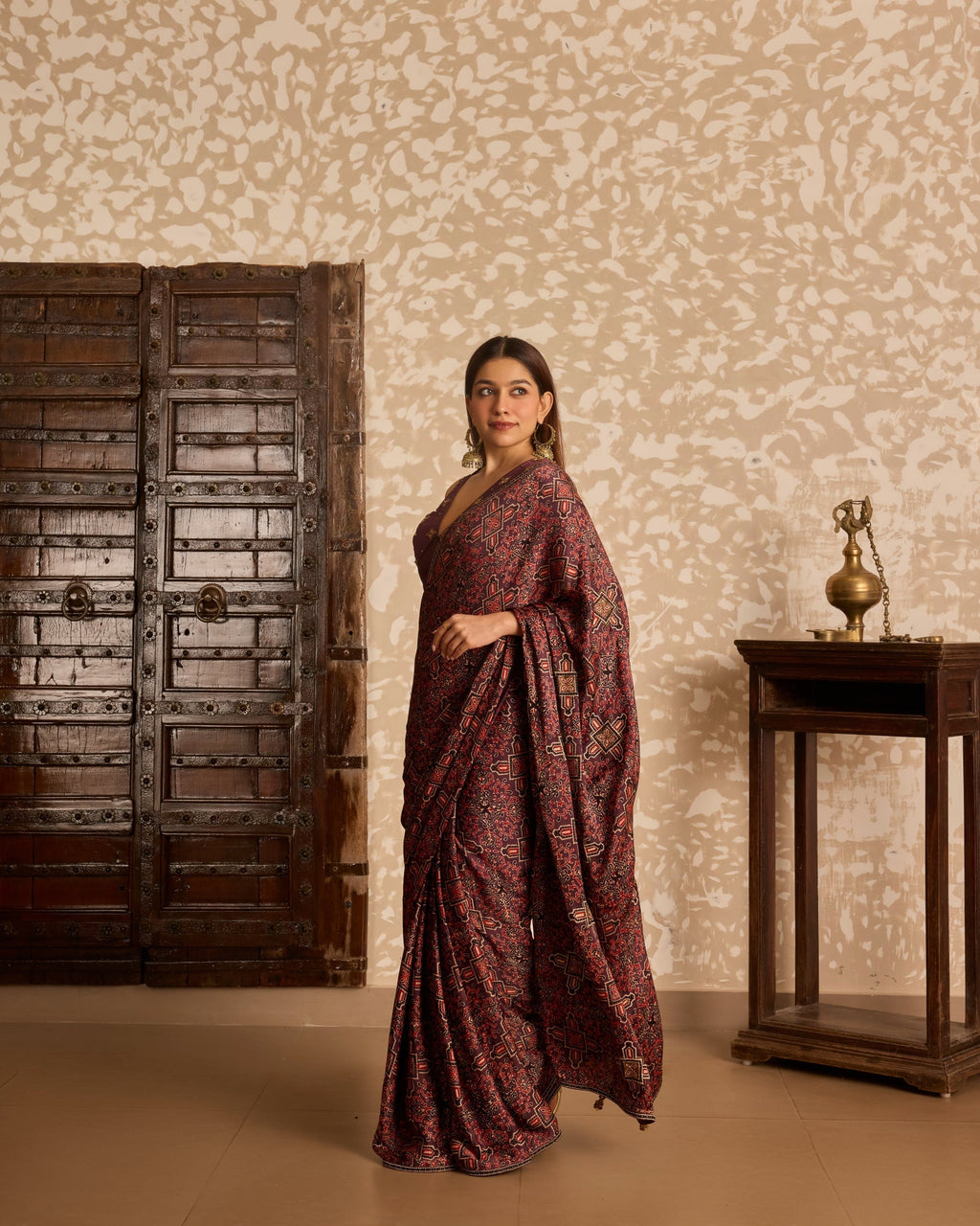 V neck tie up blouse with saree at Kamakhyaa by Akashi Clothing. This item is Ajrakh by Akashi Clothing, Under $150