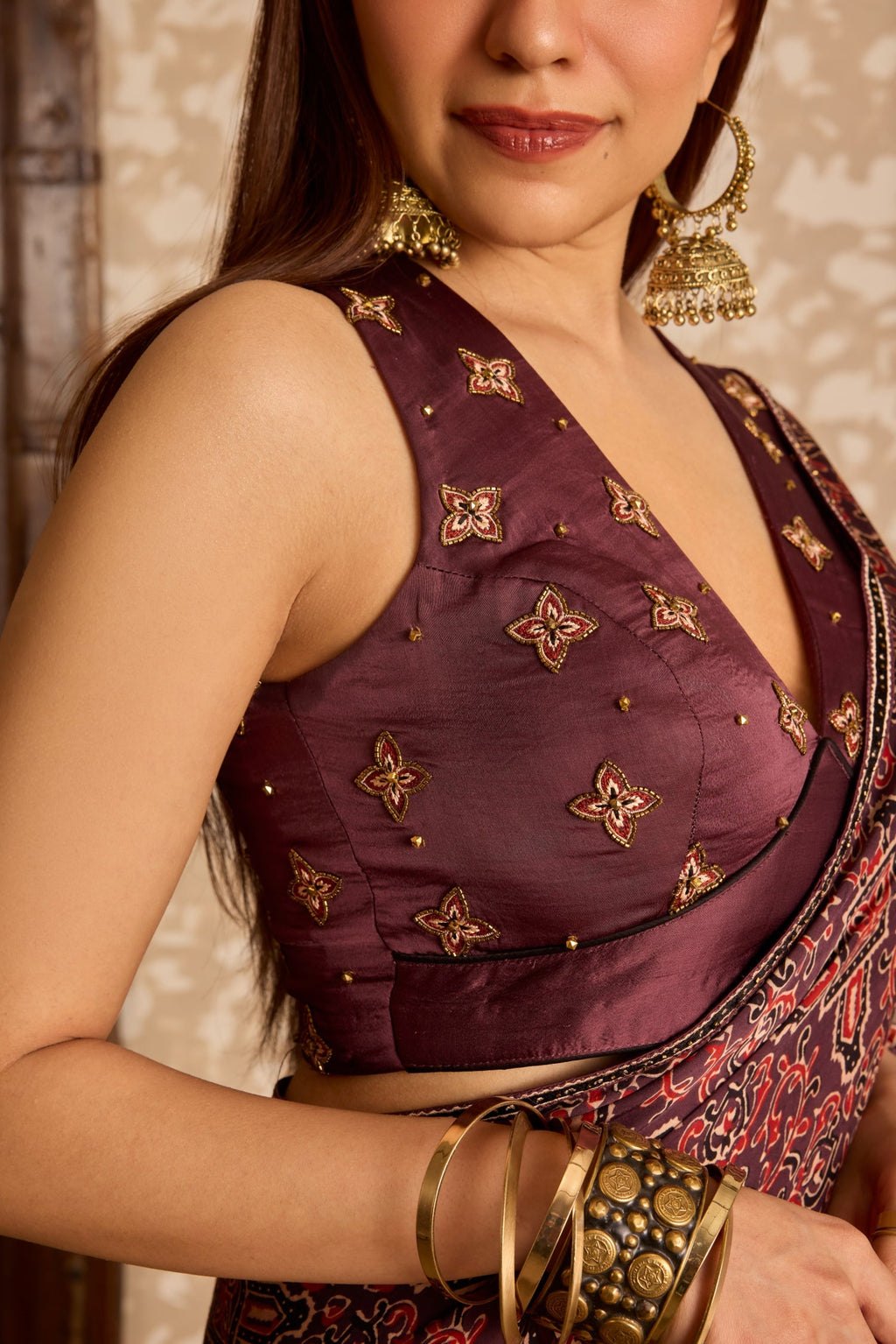 V neck tie up blouse with saree at Kamakhyaa by Akashi Clothing. This item is Ajrakh by Akashi Clothing, Under $150
