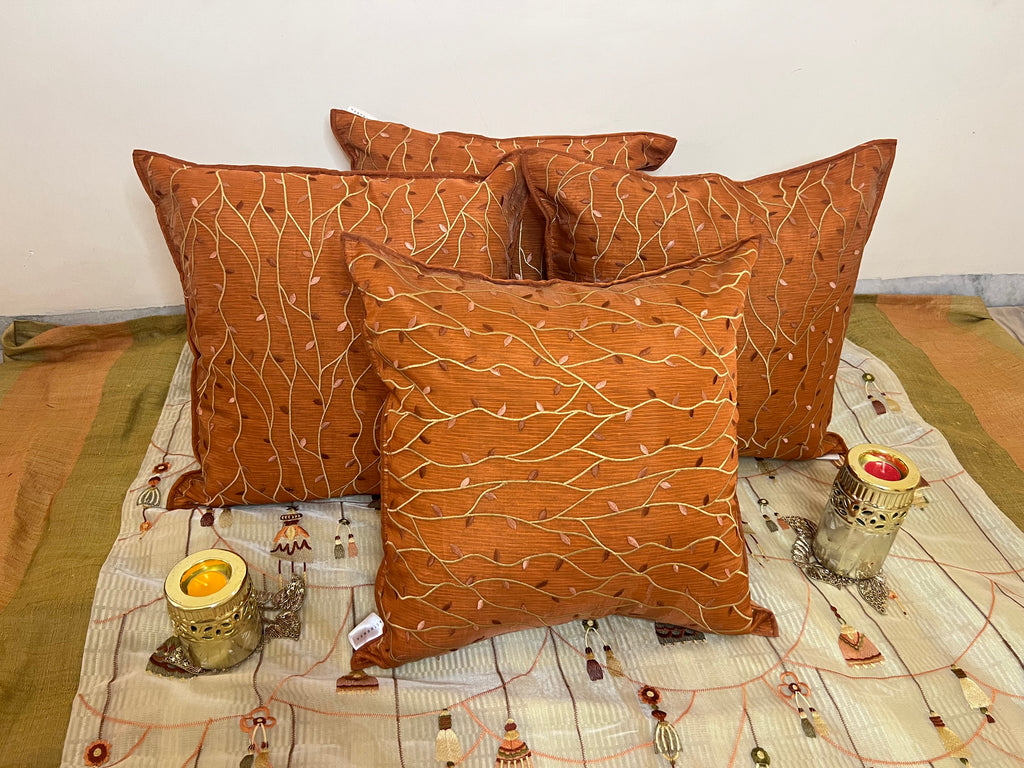Vivid Vine Cushion Cover Sets at Kamakhyaa by Aetherea. This item is Cotton, Cushion covers, Home, Leaf, Orange, Sheer, Texture, Upcycled