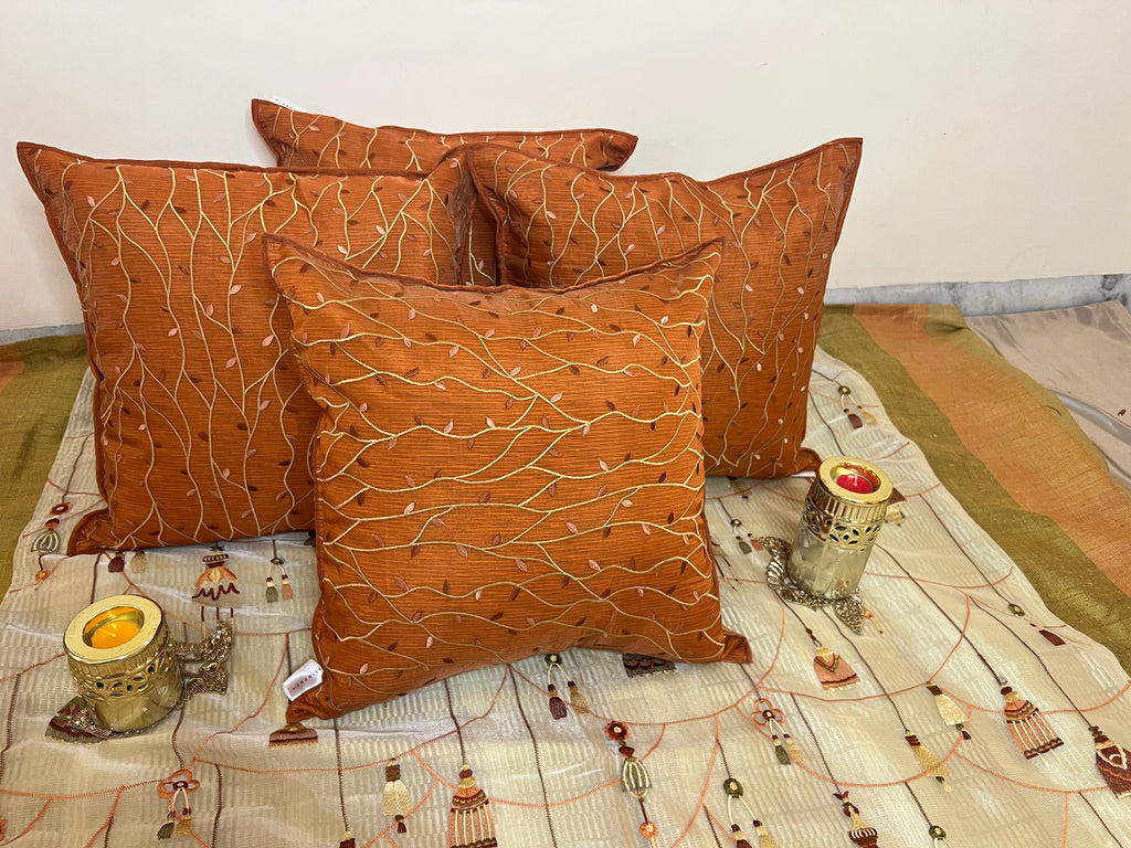Vivid Vine Cushion Cover Sets at Kamakhyaa by Aetherea. This item is Cotton, Cushion covers, Home, Leaf, Orange, Sheer, Texture, Upcycled