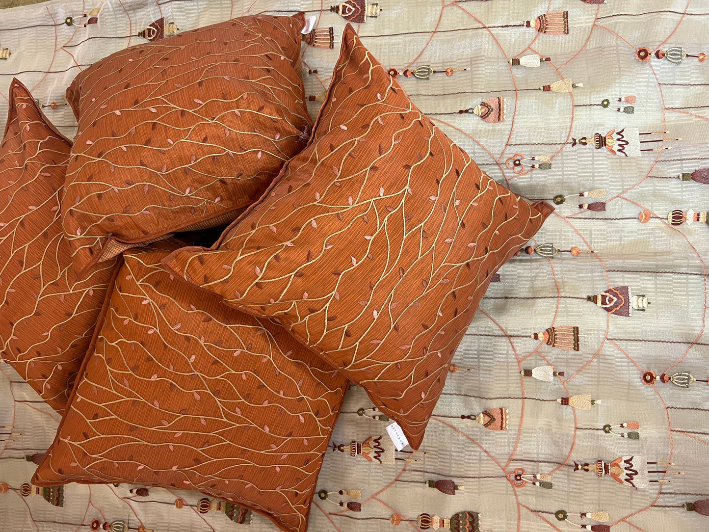 Vivid Vine Cushion Cover Sets at Kamakhyaa by Aetherea. This item is Cotton, Cushion covers, Home, Leaf, Orange, Sheer, Texture, Upcycled