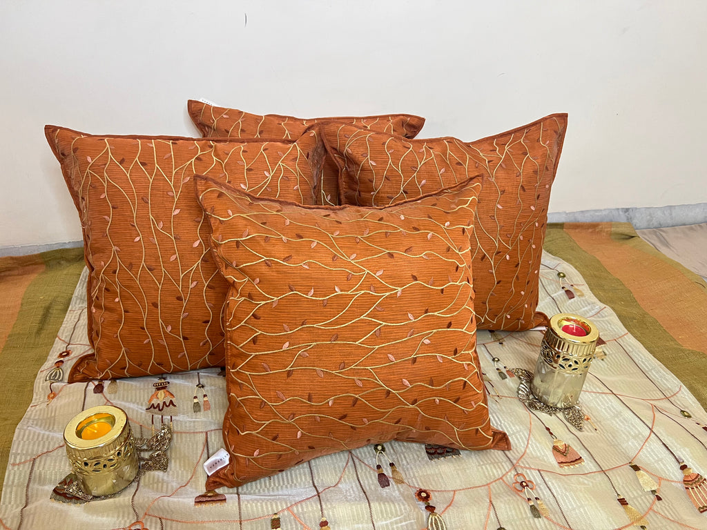 Vivid Vine Cushion Cover Sets at Kamakhyaa by Aetherea. This item is Cotton, Cushion covers, Home, Leaf, Orange, Sheer, Texture, Upcycled