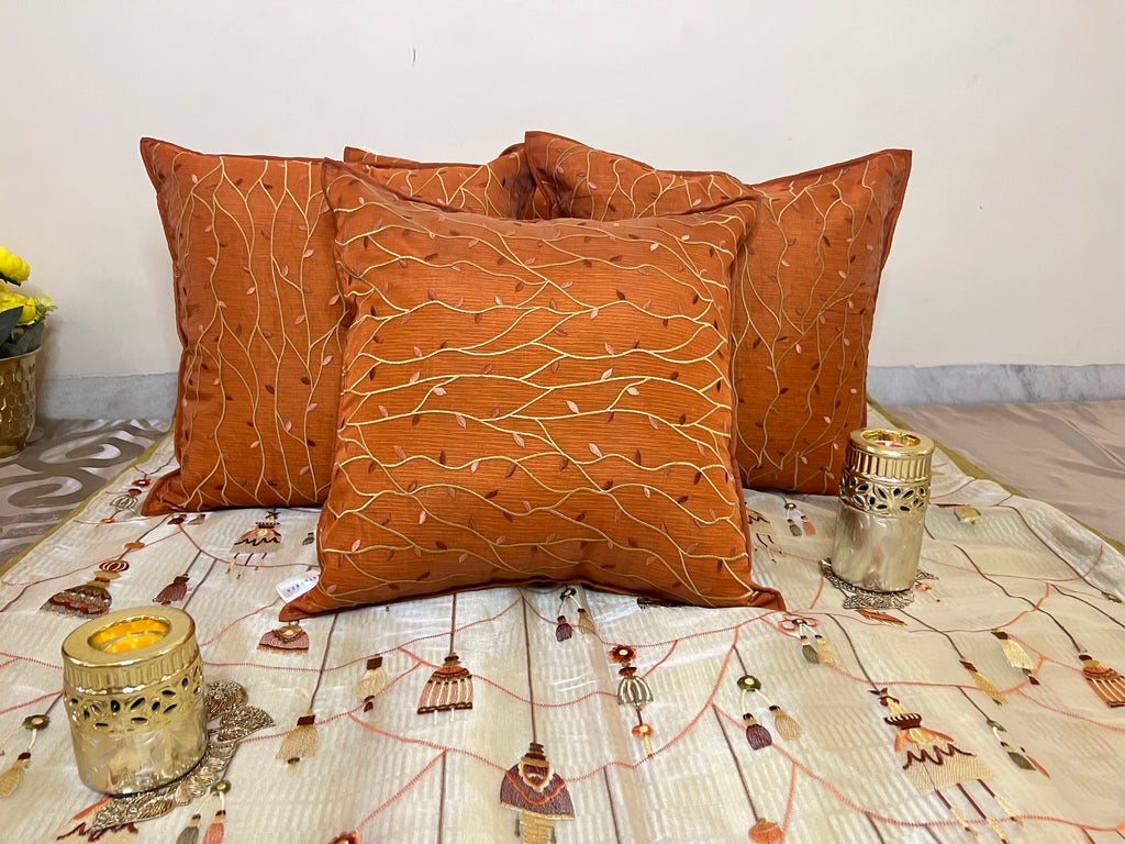 Vivid Vine Cushion Cover Sets at Kamakhyaa by Aetherea. This item is Cotton, Cushion covers, Home, Leaf, Orange, Sheer, Texture, Upcycled