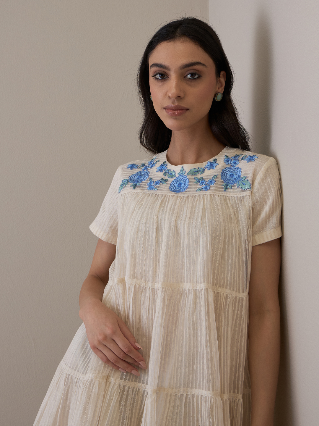 White Beautiful Dress with Embroidered Neck at Kamakhyaa by RoohbyRidhimaa. This item is Avani by RoohbyRidhimaa, Casual Wear, Handloom Silk Organza, Relaxed Fit, Resham Embroidered, Silk Organza, Toxin free, White