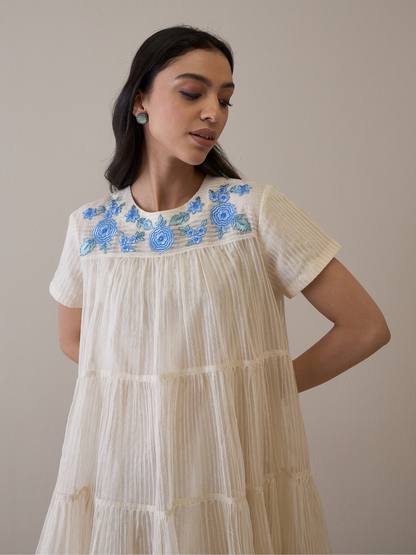 White Beautiful Dress with Embroidered Neck at Kamakhyaa by RoohbyRidhimaa. This item is Avani by RoohbyRidhimaa, Casual Wear, Handloom Silk Organza, Relaxed Fit, Resham Embroidered, Silk Organza, Toxin free, White