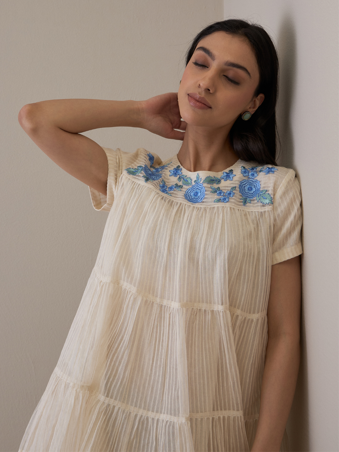 White Beautiful Dress with Embroidered Neck at Kamakhyaa by RoohbyRidhimaa. This item is Avani by RoohbyRidhimaa, Casual Wear, Handloom Silk Organza, Relaxed Fit, Resham Embroidered, Silk Organza, Toxin free, White