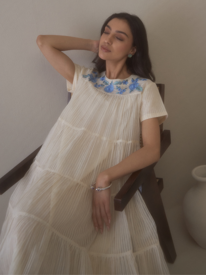 White Beautiful Dress with Embroidered Neck at Kamakhyaa by RoohbyRidhimaa. This item is Avani by RoohbyRidhimaa, Casual Wear, Handloom Silk Organza, Relaxed Fit, Resham Embroidered, Silk Organza, Toxin free, White