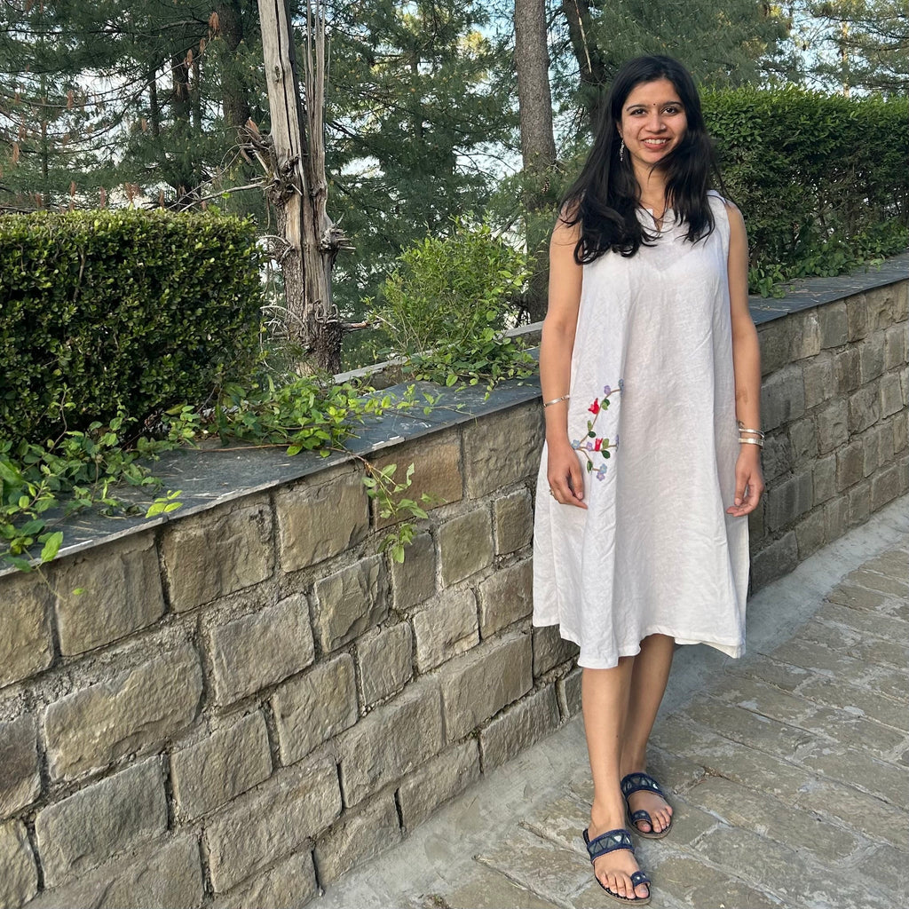 White Birds & Blossoms Linen Dress at Kamakhyaa by Ikriit'm. This item is Bloom by Ikriit'm, Casual Wear, Crochet, Crochet Apparel, Linen, Relaxed Fit, Under $100, White, Womenswear