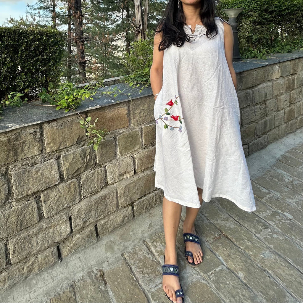 White Birds & Blossoms Linen Dress at Kamakhyaa by Ikriit'm. This item is Bloom by Ikriit'm, Casual Wear, Crochet, Crochet Apparel, Linen, Relaxed Fit, Under $100, White, Womenswear