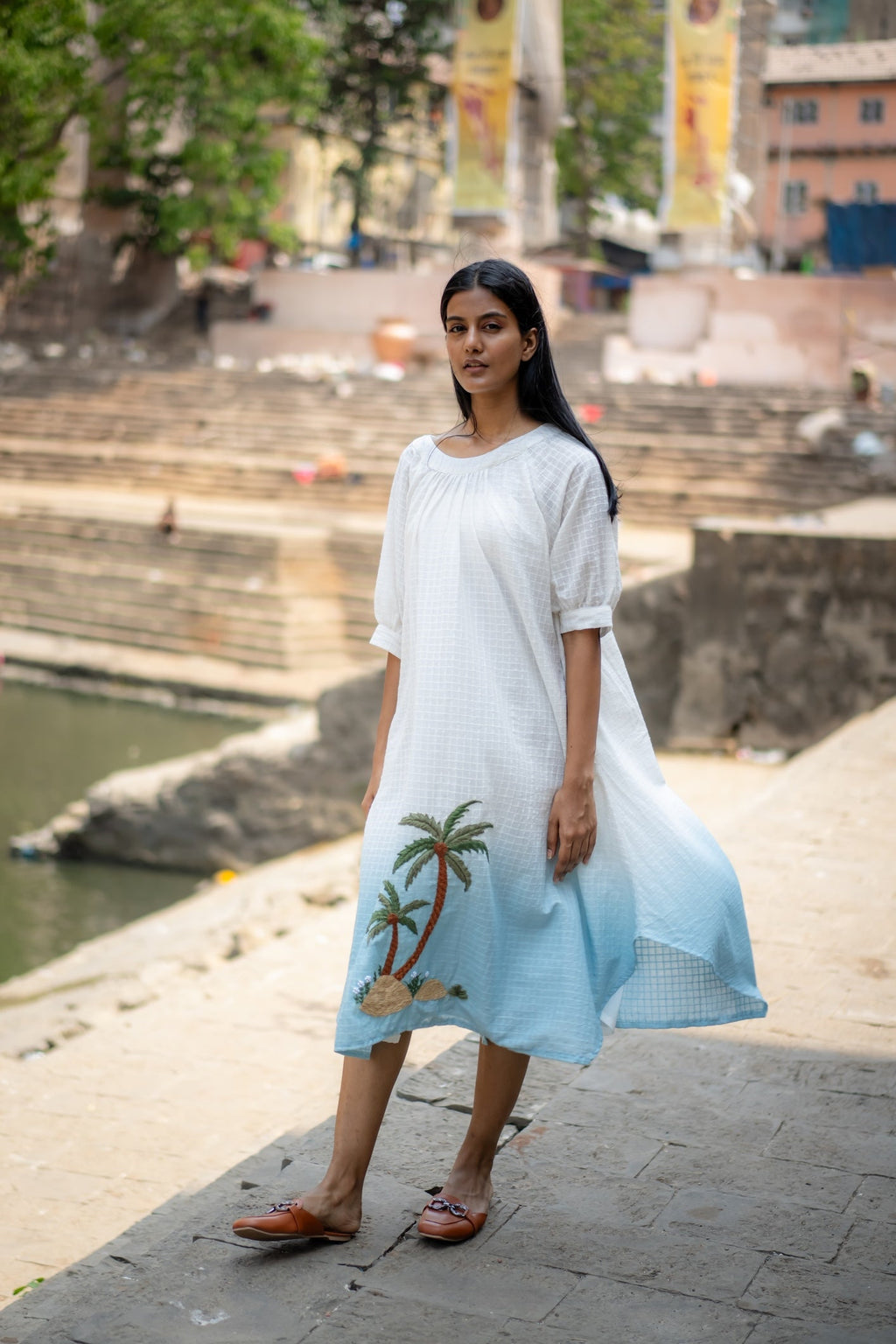 White Blue Ombre Hand-Embroidered Dress at Kamakhyaa by Krushnachuda. This item is Chilika by Krushnachuda, Embroidered, Handloom Cotton, Loose Fit, Natural Dye, Organic, Outerwear, Under $200, White, Womenswear