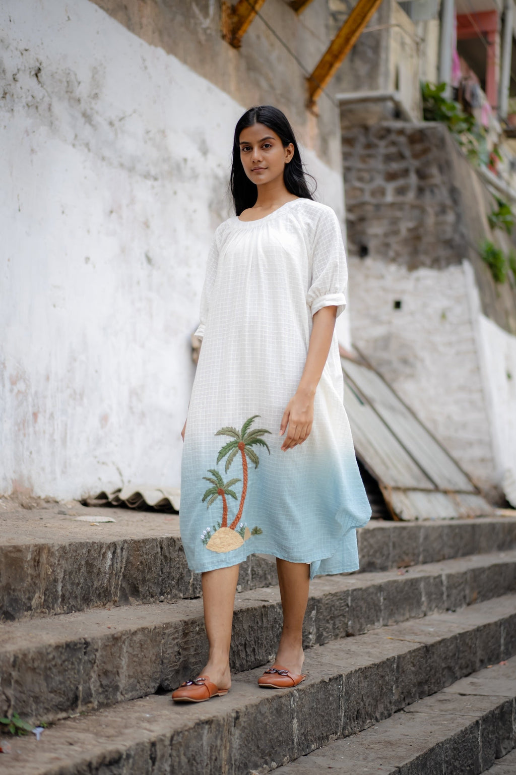 White Blue Ombre Hand-Embroidered Dress at Kamakhyaa by Krushnachuda. This item is Chilika by Krushnachuda, Embroidered, Handloom Cotton, Loose Fit, Natural Dye, Organic, Outerwear, Under $200, White, Womenswear