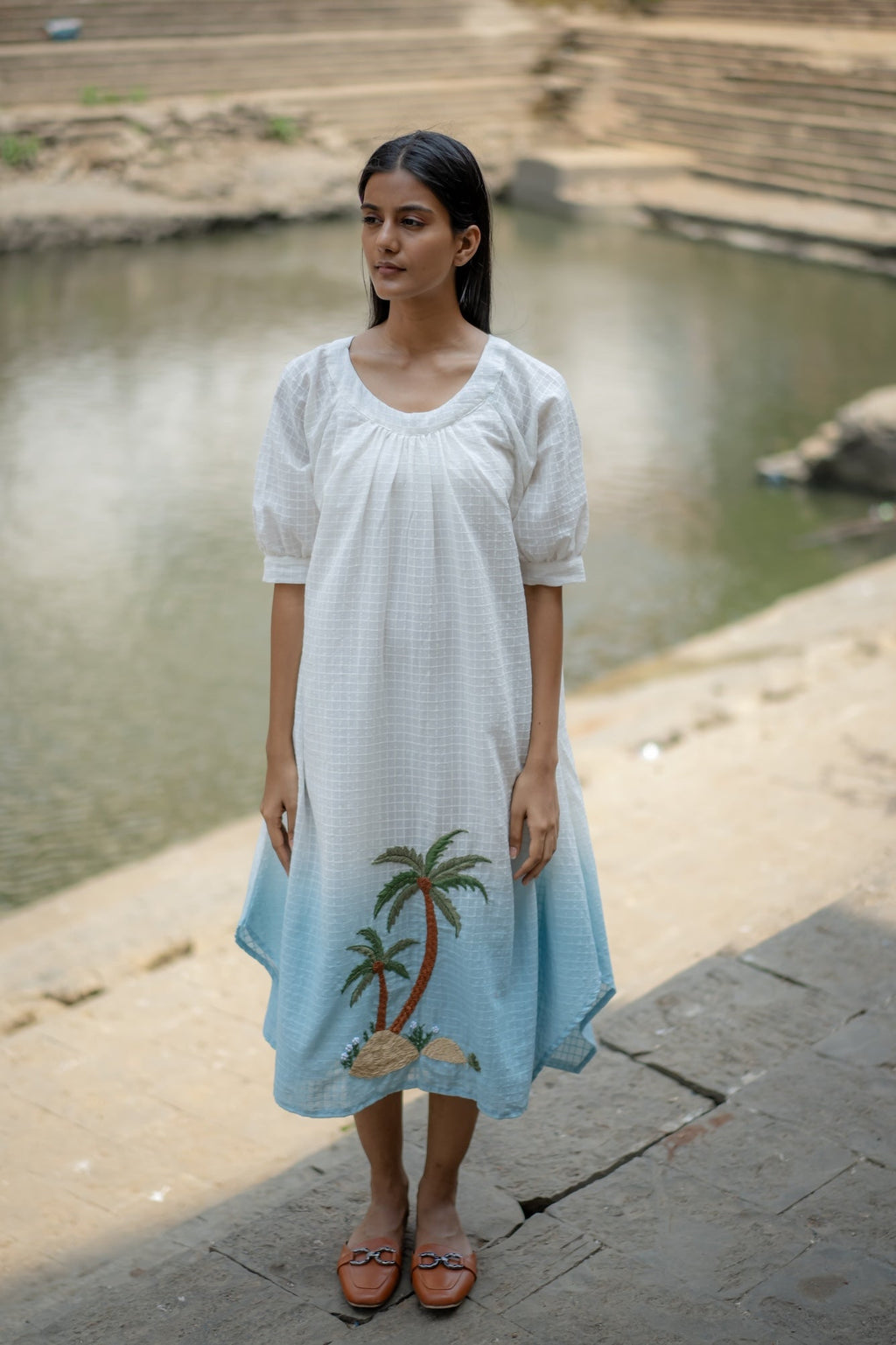White Blue Ombre Hand-Embroidered Dress at Kamakhyaa by Krushnachuda. This item is Chilika by Krushnachuda, Embroidered, Handloom Cotton, Loose Fit, Natural Dye, Organic, Outerwear, Under $200, White, Womenswear