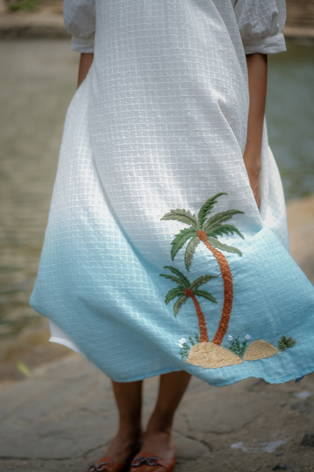 White Blue Ombre Hand-Embroidered Dress at Kamakhyaa by Krushnachuda. This item is Chilika by Krushnachuda, Embroidered, Handloom Cotton, Loose Fit, Natural Dye, Organic, Outerwear, Under $200, White, Womenswear