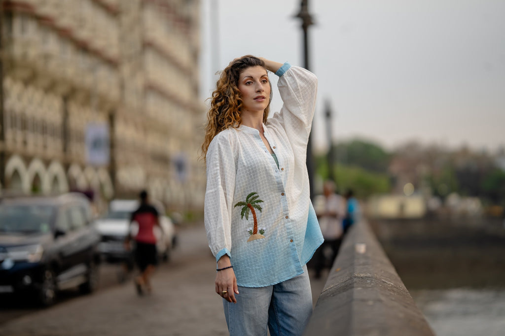 White Blue Ombre Hand-Embroidered Shirt at Kamakhyaa by Krushnachuda. This item is Chilika by Krushnachuda, Embroidered, Handloom Cotton, Loose Fit, Natural Dye, Organic, Outerwear, Under $150, White, Womenswear