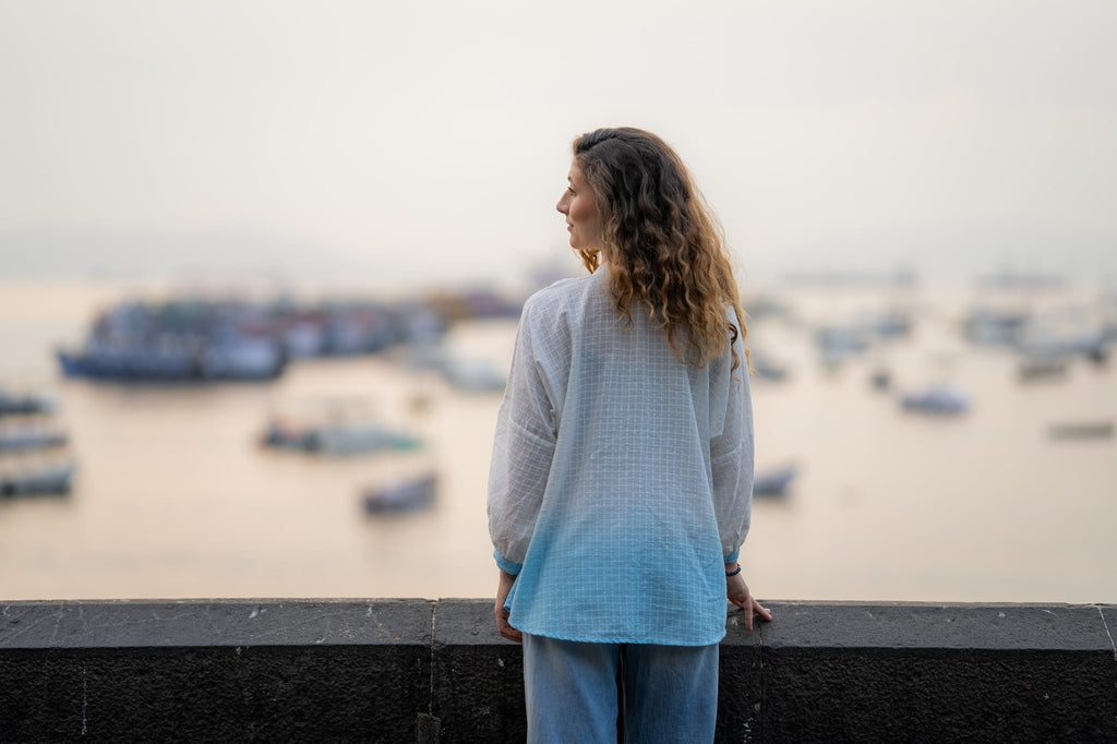White Blue Ombre Hand-Embroidered Shirt at Kamakhyaa by Krushnachuda. This item is Chilika by Krushnachuda, Embroidered, Handloom Cotton, Loose Fit, Natural Dye, Organic, Outerwear, Under $150, White, Womenswear