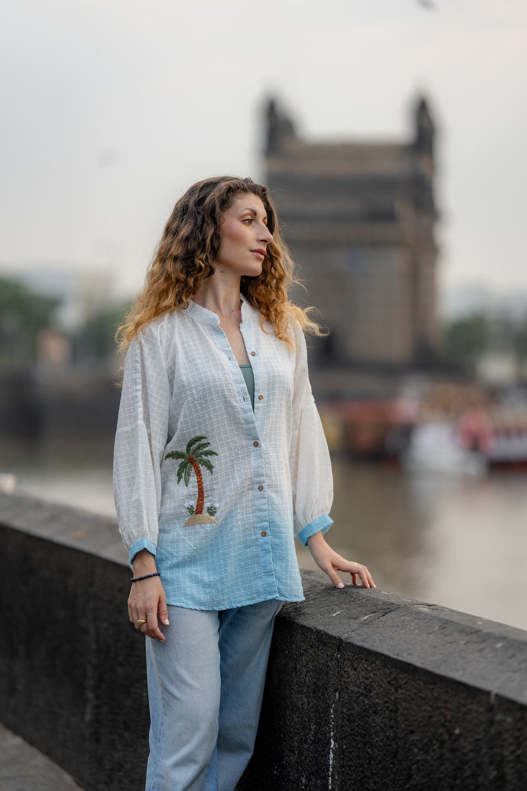 White Blue Ombre Hand-Embroidered Shirt at Kamakhyaa by Krushnachuda. This item is Chilika by Krushnachuda, Embroidered, Handloom Cotton, Loose Fit, Natural Dye, Organic, Outerwear, Under $150, White, Womenswear