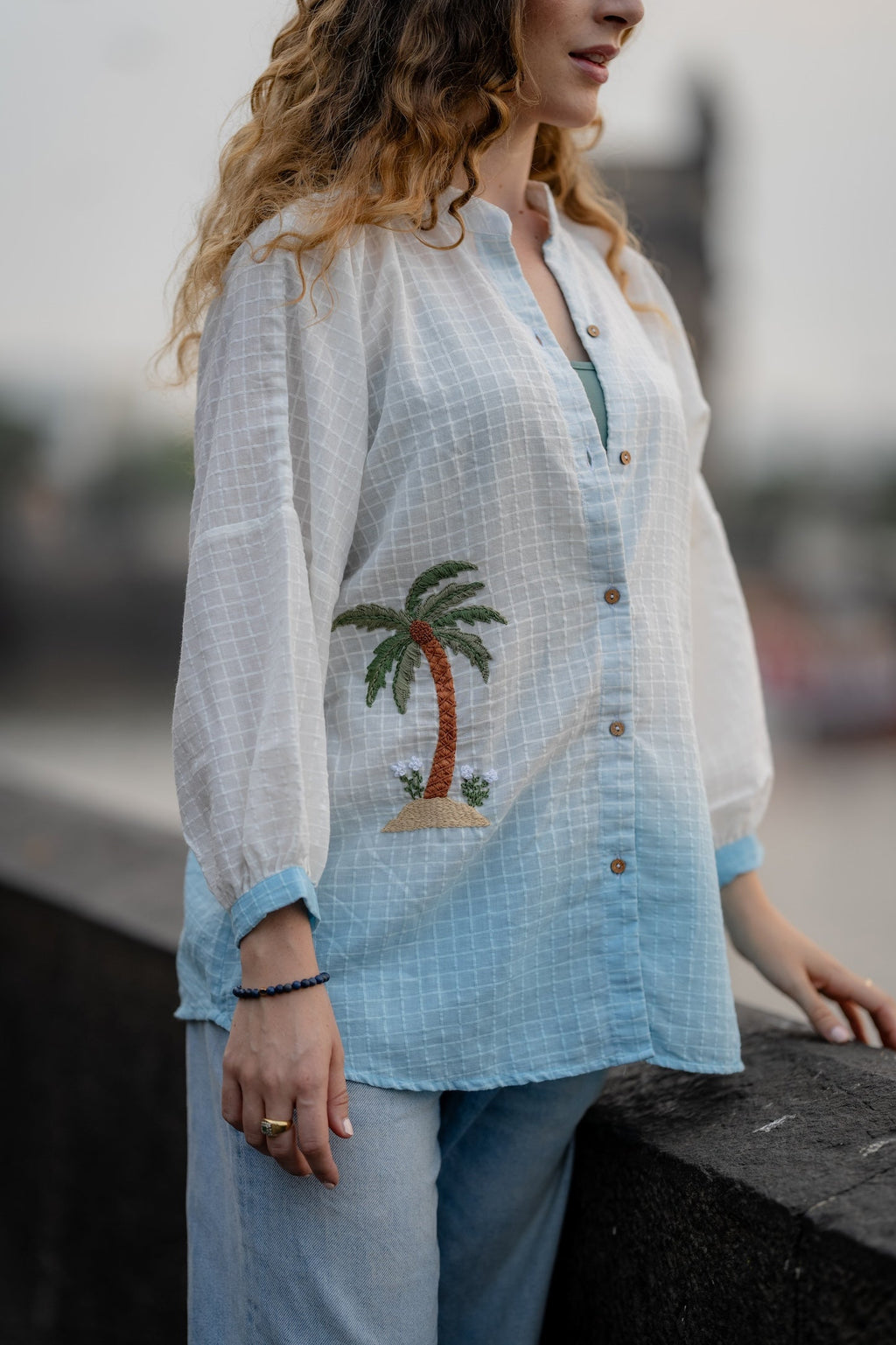 White Blue Ombre Hand-Embroidered Shirt at Kamakhyaa by Krushnachuda. This item is Chilika by Krushnachuda, Embroidered, Handloom Cotton, Loose Fit, Natural Dye, Organic, Outerwear, Under $150, White, Womenswear