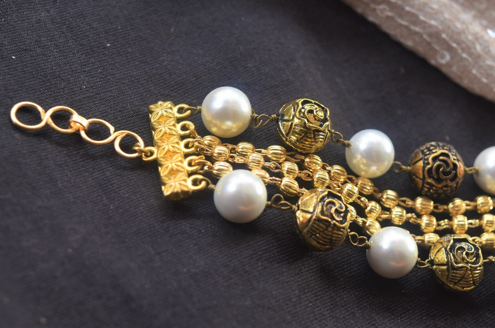 White Bracelet Suvarna at Kamakhyaa by House Of Heer. This item is Add Ons, Alloy Metal, Beaded Jewellery, Bracelets, Festive Jewellery, Festive Wear, Free Size, jewelry, July Sale, July Sale 2023, Less than $50, Natural, Pearl, Textured, White