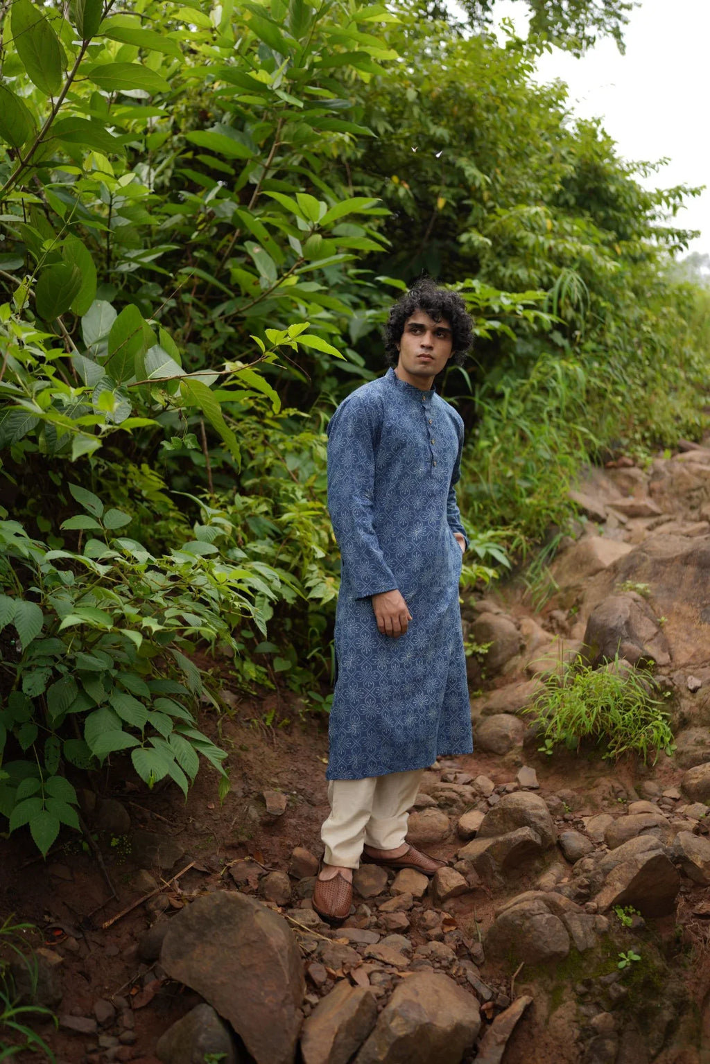 White Butta Printed Kurta for Men at Kamakhyaa by Hasttvam. This item is Cotton, Festive Wear, Floral, Handmade by Artisans, Indigo, Natural dyes, Relaxed Fit, Respondible production and Vegan