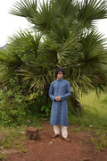 White Butta Printed Kurta for Men at Kamakhyaa by Hasttvam. This item is Cotton, Festive Wear, Floral, Handmade by Artisans, Indigo, Natural dyes, Relaxed Fit, Respondible production and Vegan