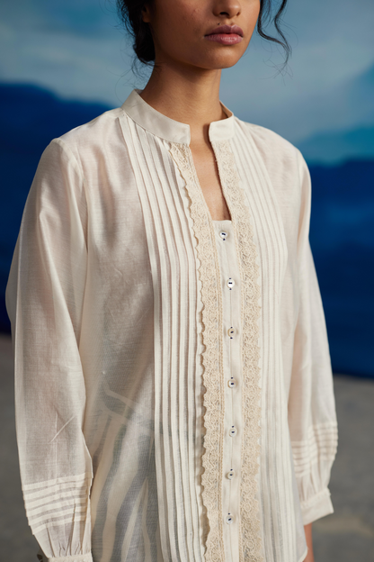 White Chanderi Collared Shirt With Lace at Kamakhyaa by Ahmev. This item is Casual Wear, Chanderi, Indigo Eden by Ahmev, Korean Chic, Lace, Natural, Regular Fit, Shirts, Solids, White, Womenswear