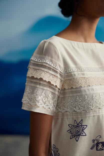White Chanderi Laced Midi Dress at Kamakhyaa by Ahmev. This item is Casual Wear, Chanderi, Indigo Eden by Ahmev, Korean Chic, Lace, Midi Dresses, Natural, Prints, Regular Fit, White, Womenswear