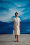 White Chanderi Laced Midi Dress at Kamakhyaa by Ahmev. This item is Casual Wear, Chanderi, Indigo Eden by Ahmev, Korean Chic, Lace, Midi Dresses, Natural, Prints, Regular Fit, White, Womenswear