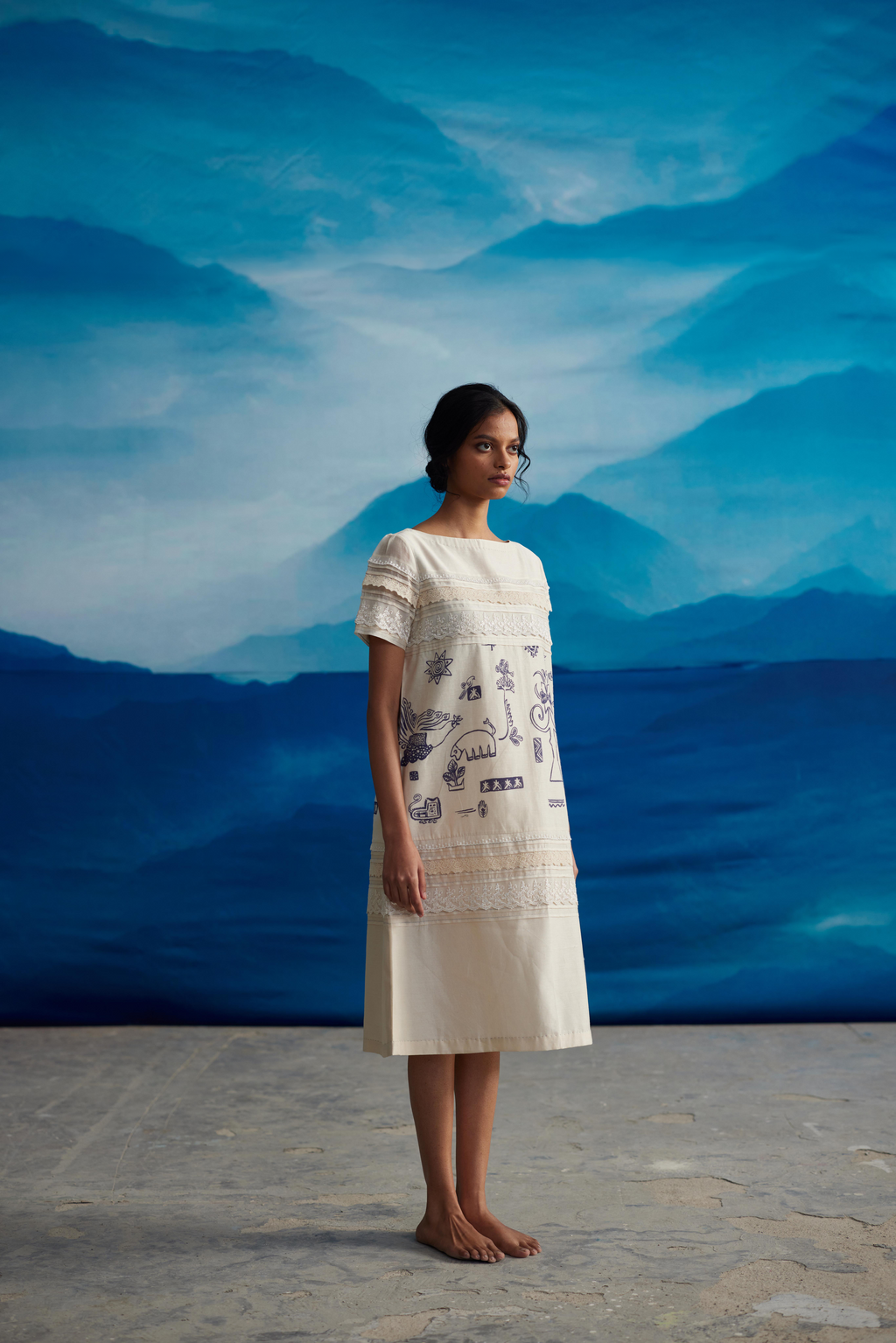 White Chanderi Laced Midi Dress at Kamakhyaa by Ahmev. This item is Casual Wear, Chanderi, Indigo Eden by Ahmev, Korean Chic, Lace, Midi Dresses, Natural, Prints, Regular Fit, White, Womenswear