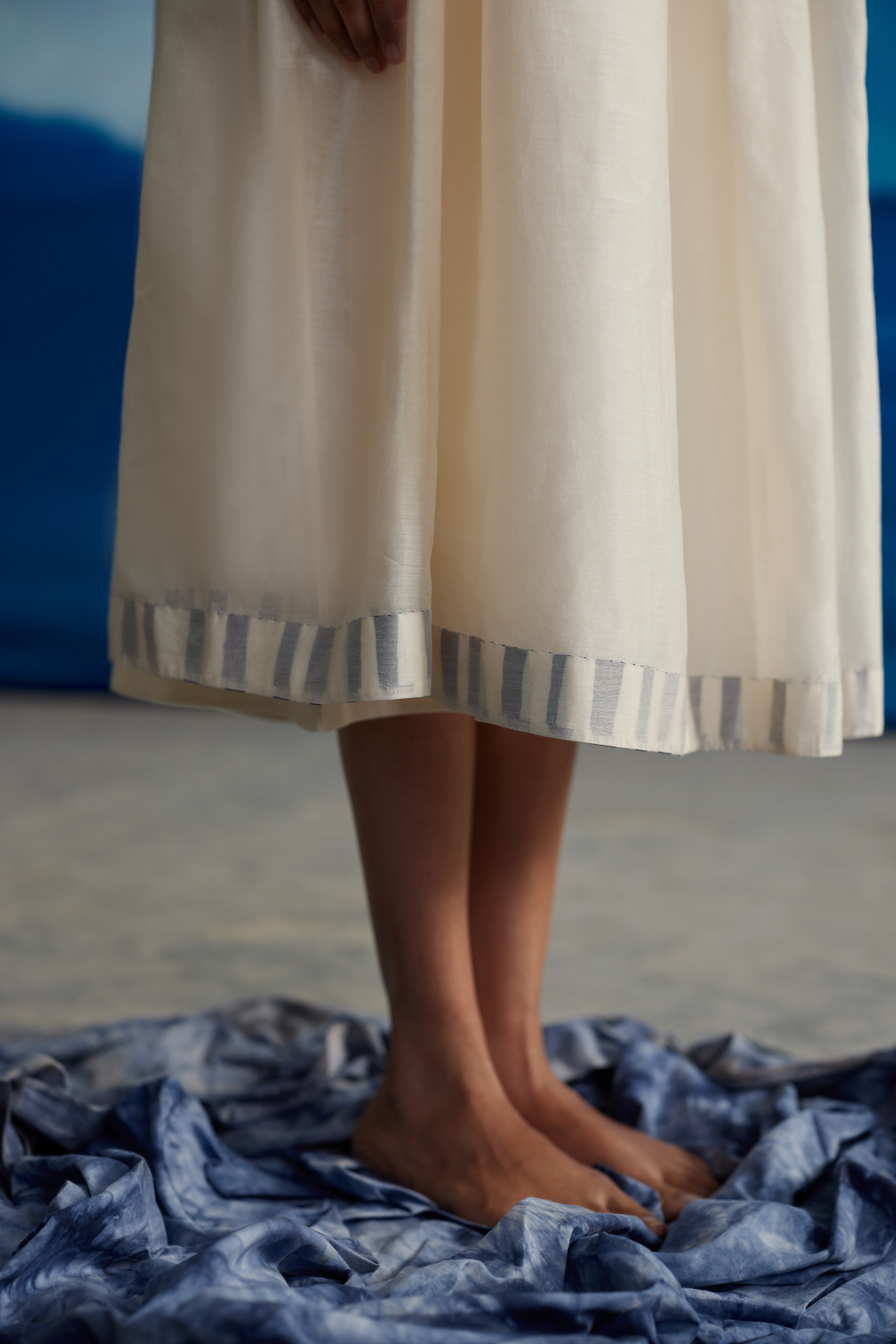 White Chanderi Laced Midi Dress With Flared Sleeves at Kamakhyaa by Ahmev. This item is Casual Wear, Chanderi, Indigo Eden by Ahmev, Korean Chic, Lace, Midi Dresses, Natural, Prints, Regular Fit, White, Womenswear