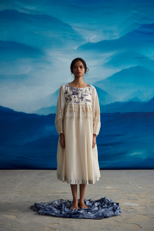 White Chanderi Laced Midi Dress With Flared Sleeves at Kamakhyaa by Ahmev. This item is Casual Wear, Chanderi, Indigo Eden by Ahmev, Korean Chic, Lace, Midi Dresses, Natural, Prints, Regular Fit, White, Womenswear