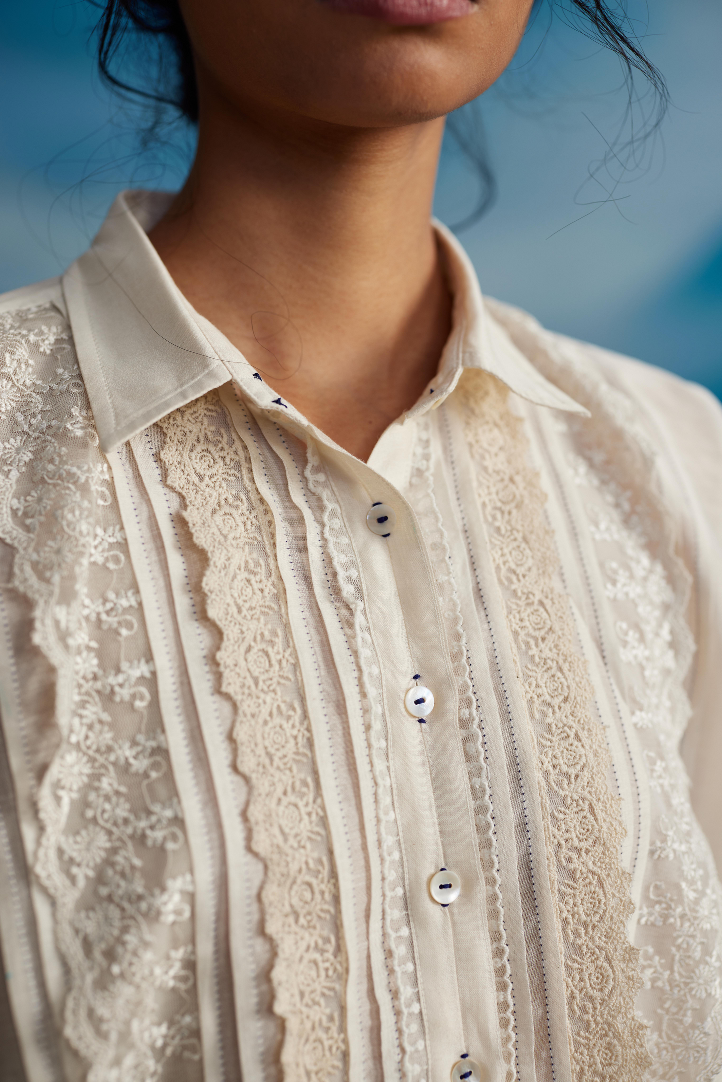 White Chanderi Laced Shirt With Pleats at Kamakhyaa by Ahmev. This item is Casual Wear, Chanderi, Indigo Eden by Ahmev, Korean Chic, Lace, Natural, Regular Fit, Shirts, Solids, White, Womenswear