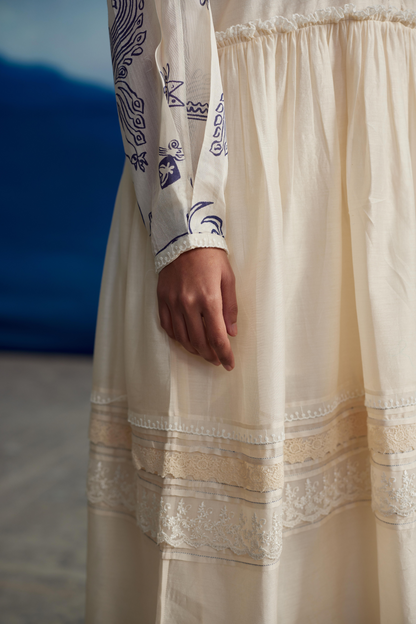 White Chanderi Midi Dress With Gathered Waist at Kamakhyaa by Ahmev. This item is Casual Wear, Chanderi, Indigo Eden by Ahmev, Korean Chic, Lace, Midi Dresses, Natural, Prints, Regular Fit, White, Womenswear