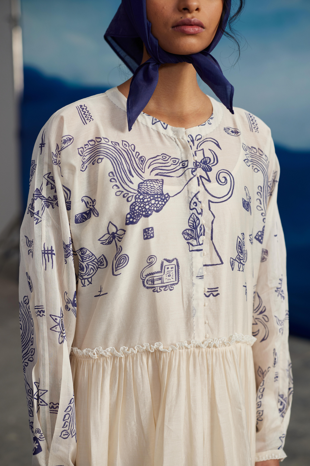 White Chanderi Midi Dress With Gathered Waist at Kamakhyaa by Ahmev. This item is Casual Wear, Chanderi, Indigo Eden by Ahmev, Korean Chic, Lace, Midi Dresses, Natural, Prints, Regular Fit, White, Womenswear