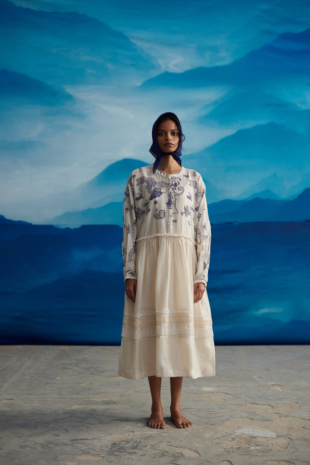 White Chanderi Midi Dress With Gathered Waist at Kamakhyaa by Ahmev. This item is Casual Wear, Chanderi, Indigo Eden by Ahmev, Korean Chic, Lace, Midi Dresses, Natural, Prints, Regular Fit, White, Womenswear