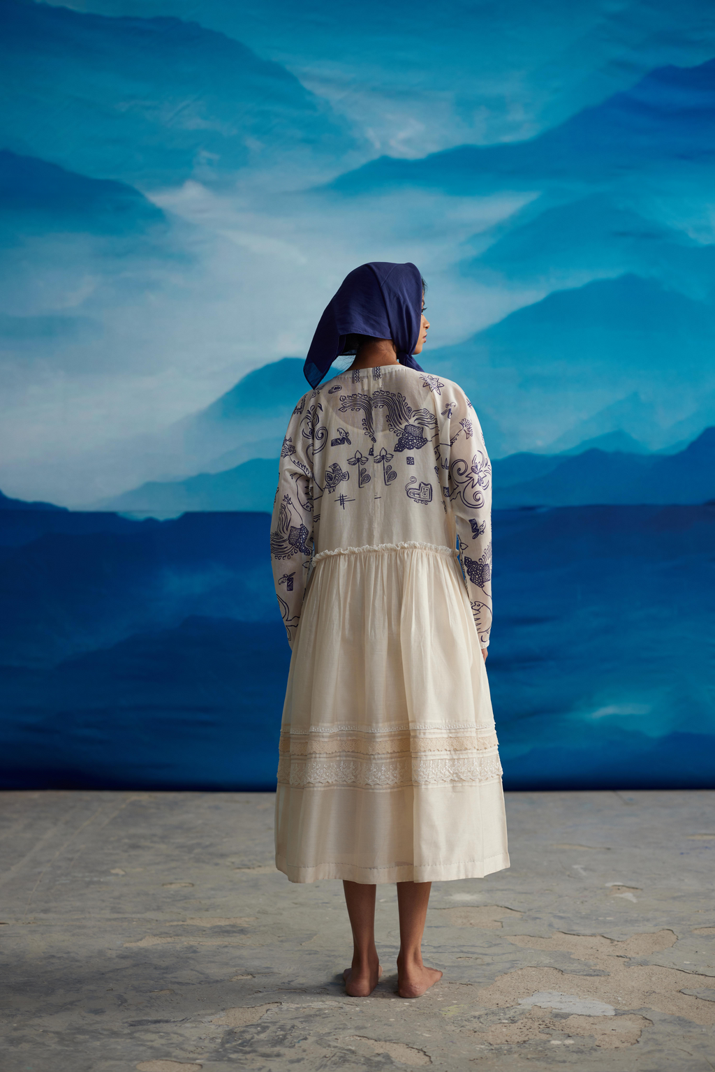 White Chanderi Midi Dress With Gathered Waist at Kamakhyaa by Ahmev. This item is Casual Wear, Chanderi, Indigo Eden by Ahmev, Korean Chic, Lace, Midi Dresses, Natural, Prints, Regular Fit, White, Womenswear