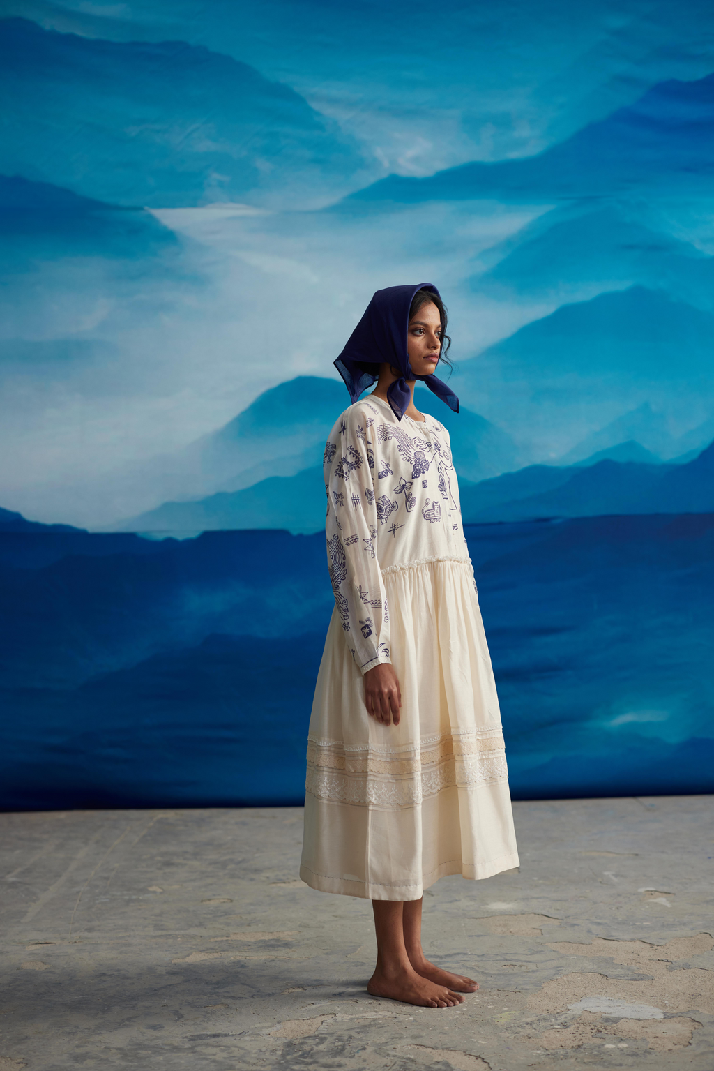 White Chanderi Midi Dress With Gathered Waist at Kamakhyaa by Ahmev. This item is Casual Wear, Chanderi, Indigo Eden by Ahmev, Korean Chic, Lace, Midi Dresses, Natural, Prints, Regular Fit, White, Womenswear