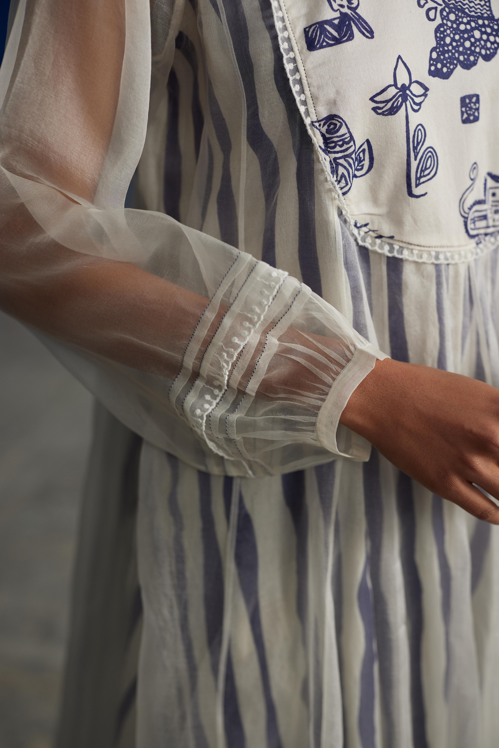 White Chanderi Midi Dress With Puffed Sleeves at Kamakhyaa by Ahmev. This item is Casual Wear, Chanderi, Indigo Eden by Ahmev, Korean Chic, Lace, Midi Dresses, Natural, Regular Fit, Stripes, White, Womenswear