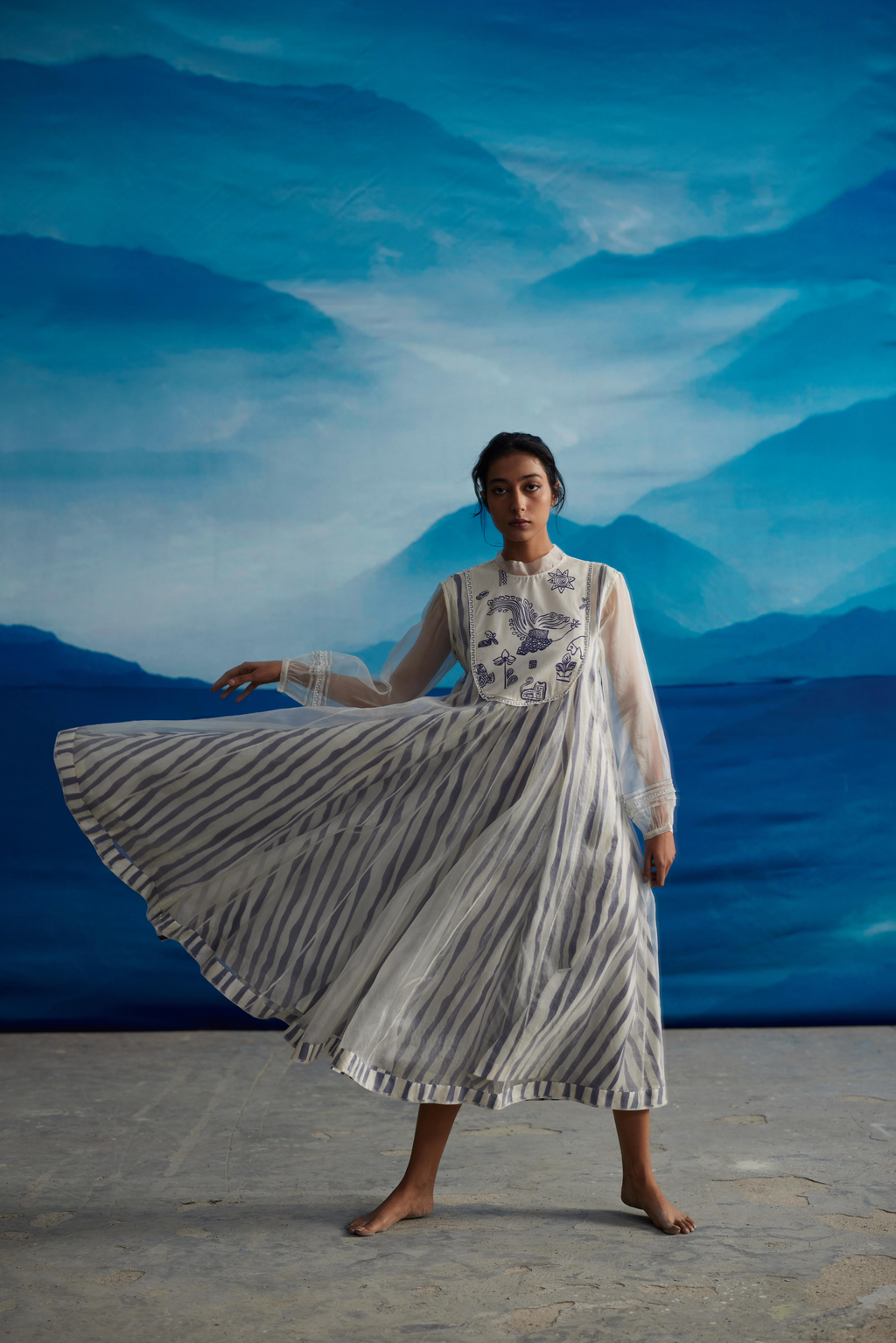 White Chanderi Midi Dress With Puffed Sleeves at Kamakhyaa by Ahmev. This item is Casual Wear, Chanderi, Indigo Eden by Ahmev, Korean Chic, Lace, Midi Dresses, Natural, Regular Fit, Stripes, White, Womenswear