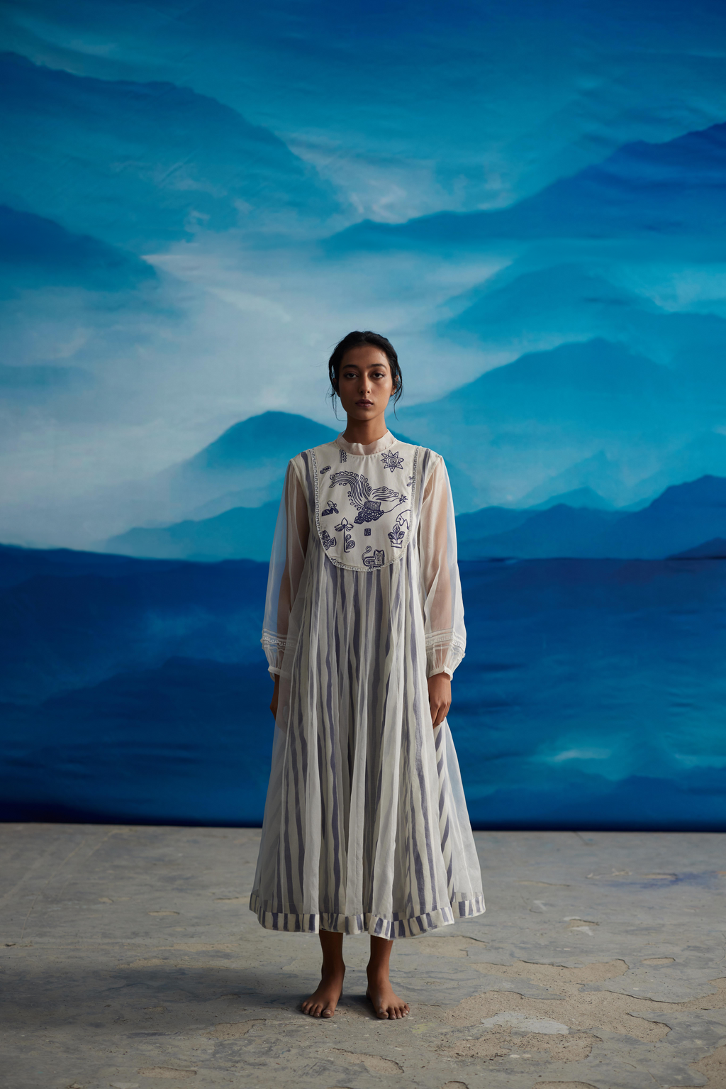 White Chanderi Midi Dress With Puffed Sleeves at Kamakhyaa by Ahmev. This item is Casual Wear, Chanderi, Indigo Eden by Ahmev, Korean Chic, Lace, Midi Dresses, Natural, Regular Fit, Stripes, White, Womenswear