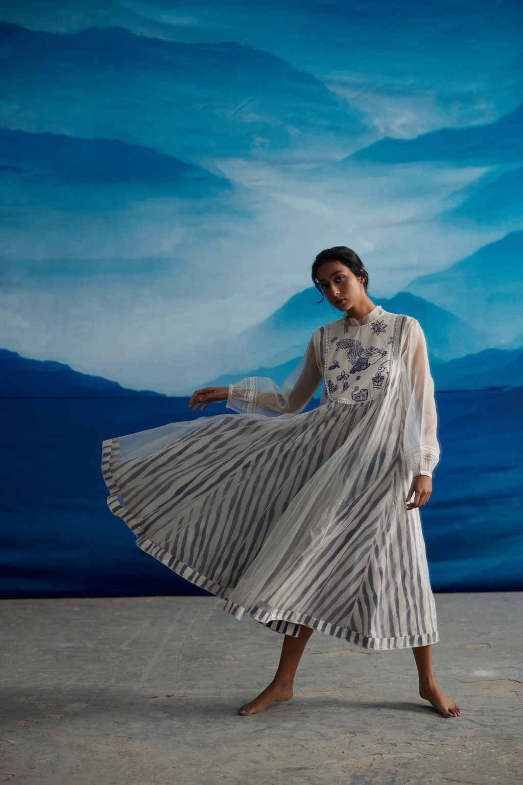 White Chanderi Midi Dress With Puffed Sleeves at Kamakhyaa by Ahmev. This item is Casual Wear, Chanderi, Indigo Eden by Ahmev, Korean Chic, Lace, Midi Dresses, Natural, Regular Fit, Stripes, White, Womenswear