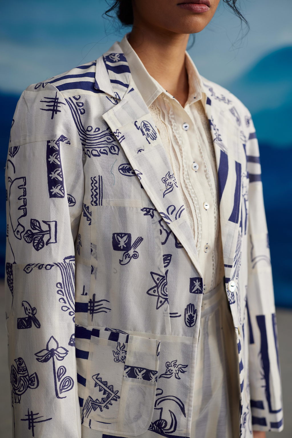 White Chanderi Patchwork Jacket at Kamakhyaa by Ahmev. This item is Casual Wear, Chanderi, Indigo Eden by Ahmev, Jackets, Korean Chic, Natural, Prints, Regular Fit, White, Womenswear