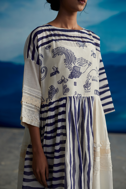 White Chanderi Patchwork Midi Dress at Kamakhyaa by Ahmev. This item is Casual Wear, Chanderi, Indigo Eden by Ahmev, Korean Chic, Lace, Midi Dresses, Natural, Prints, Regular Fit, White, Womenswear