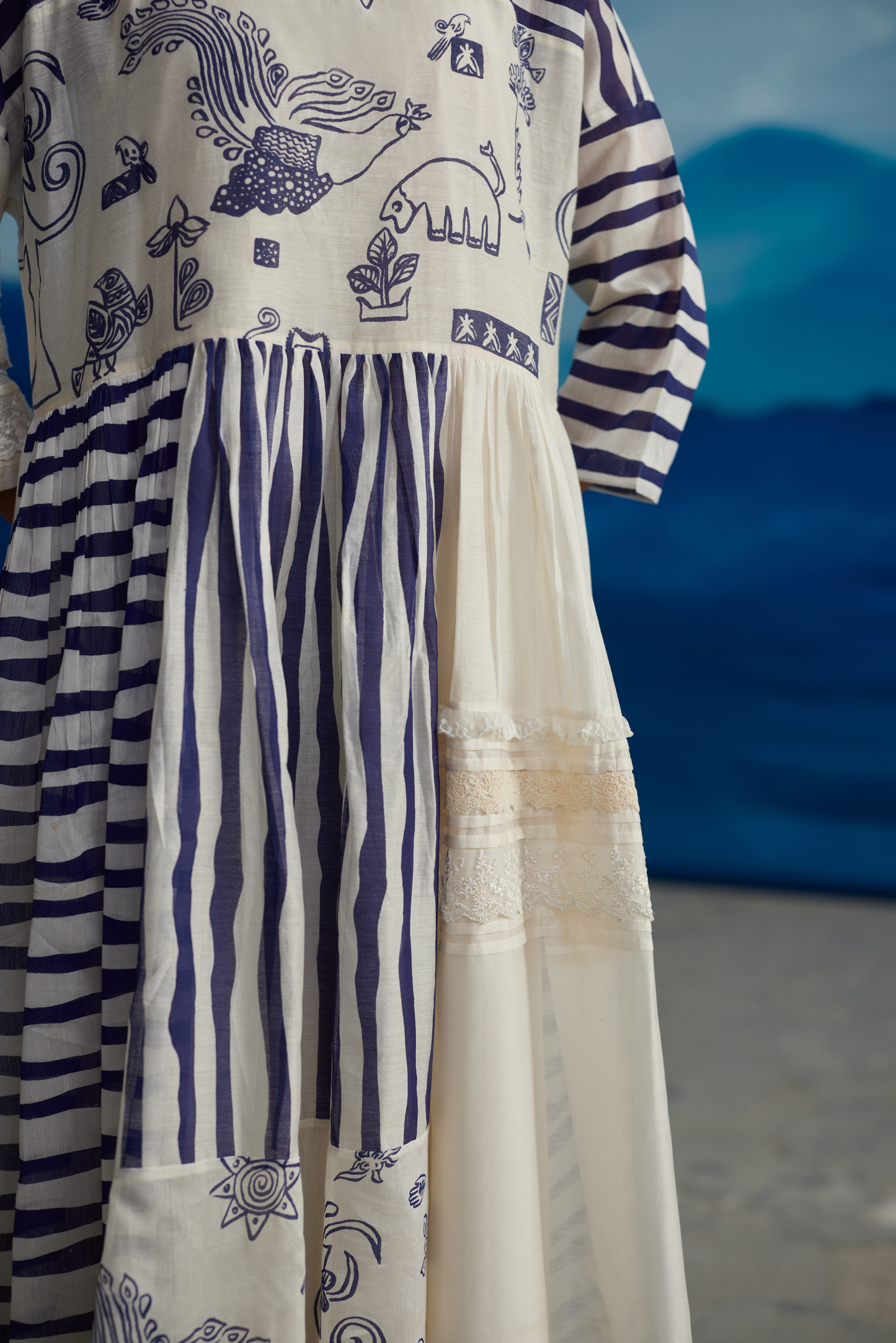 White Chanderi Patchwork Midi Dress at Kamakhyaa by Ahmev. This item is Casual Wear, Chanderi, Indigo Eden by Ahmev, Korean Chic, Lace, Midi Dresses, Natural, Prints, Regular Fit, White, Womenswear