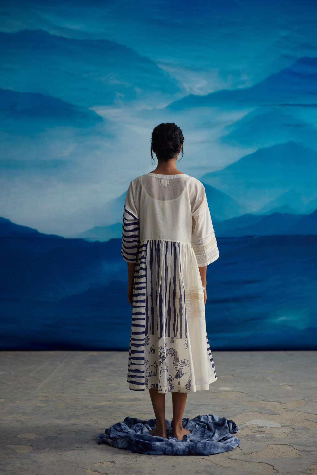 White Chanderi Patchwork Midi Dress at Kamakhyaa by Ahmev. This item is Casual Wear, Chanderi, Indigo Eden by Ahmev, Korean Chic, Lace, Midi Dresses, Natural, Prints, Regular Fit, White, Womenswear