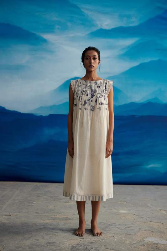 White Chanderi Pleated Midi Dress With Bow Tie-Up at Kamakhyaa by Ahmev. This item is Casual Wear, Chanderi, Indigo Eden by Ahmev, Korean Chic, Lace, Midi Dresses, Natural, Prints, Regular Fit, White, Womenswear