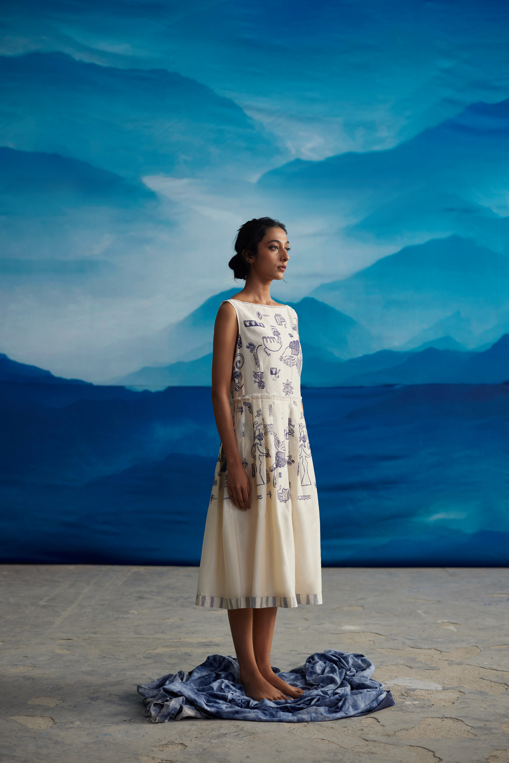 White Chanderi Pleated Midi Dress With Lace at Kamakhyaa by Ahmev. This item is Casual Wear, Chanderi, Indigo Eden by Ahmev, Korean Chic, Lace, Midi Dresses, Natural, Prints, Regular Fit, White, Womenswear